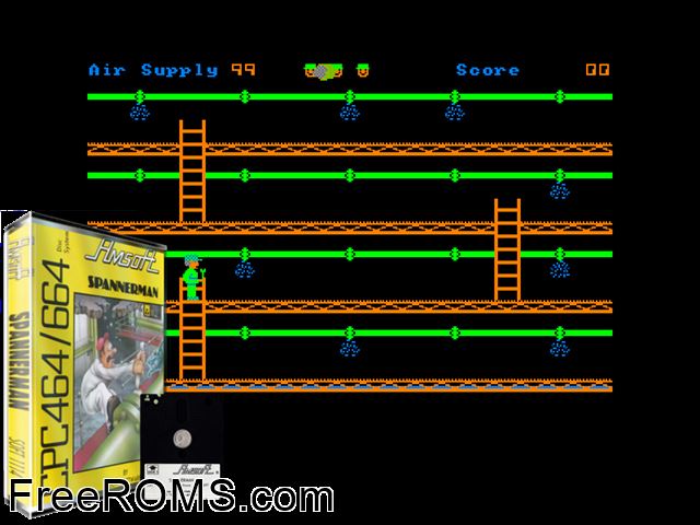 Spannerman (UK) (1984) [a1] Amstrad CPC game showing 3D box cover and gameplay screenshot
